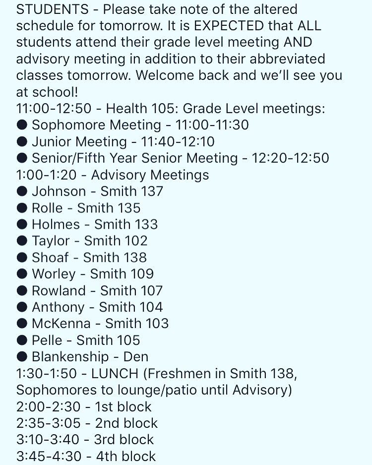 MrJohnson_JCECA's tweet photo. Tomorrow is the first day back for ALL students. Here is the altered schedule. Remember that you MUST attend your grade level and advisory meeting, in addition to your high school classes. See you tomorrow!! 😁🎉
#JCECA #welcomeback https://t.co/2UgEYO3Ojj