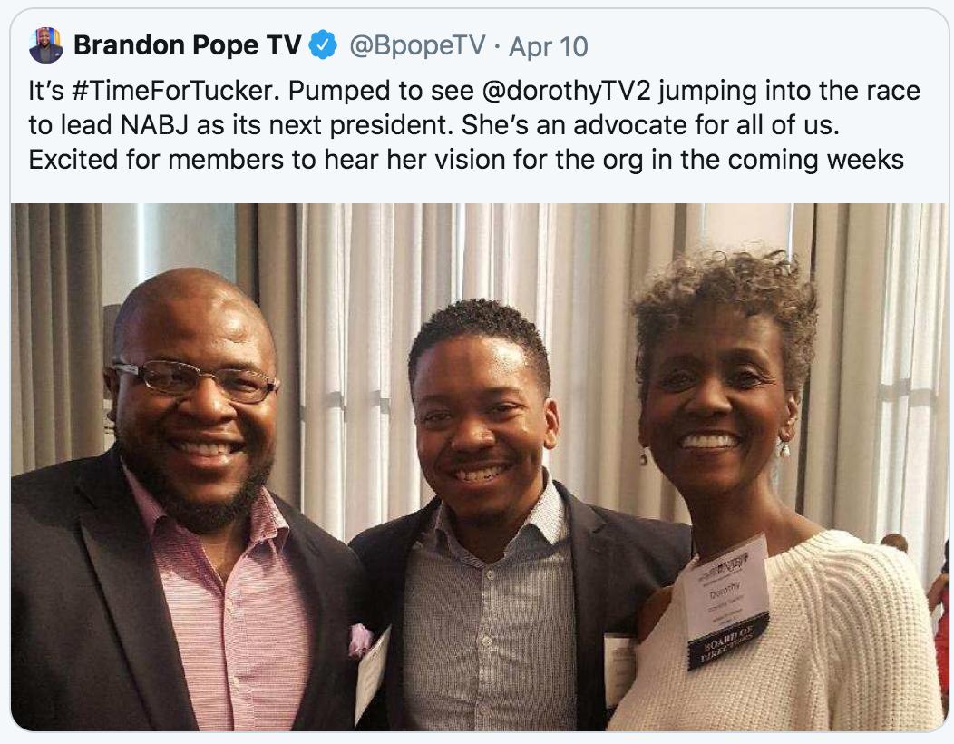 Dorothy4NABJ's tweet photo. So glad @BpopeTV and @NatashaSAlford say it's #TimeforTucker.
 
Honored to have the support of these standout storytellers. Your faith in my commitment to keep fighting for NABJ members is humbling. https://t.co/YP4JIpQL6y