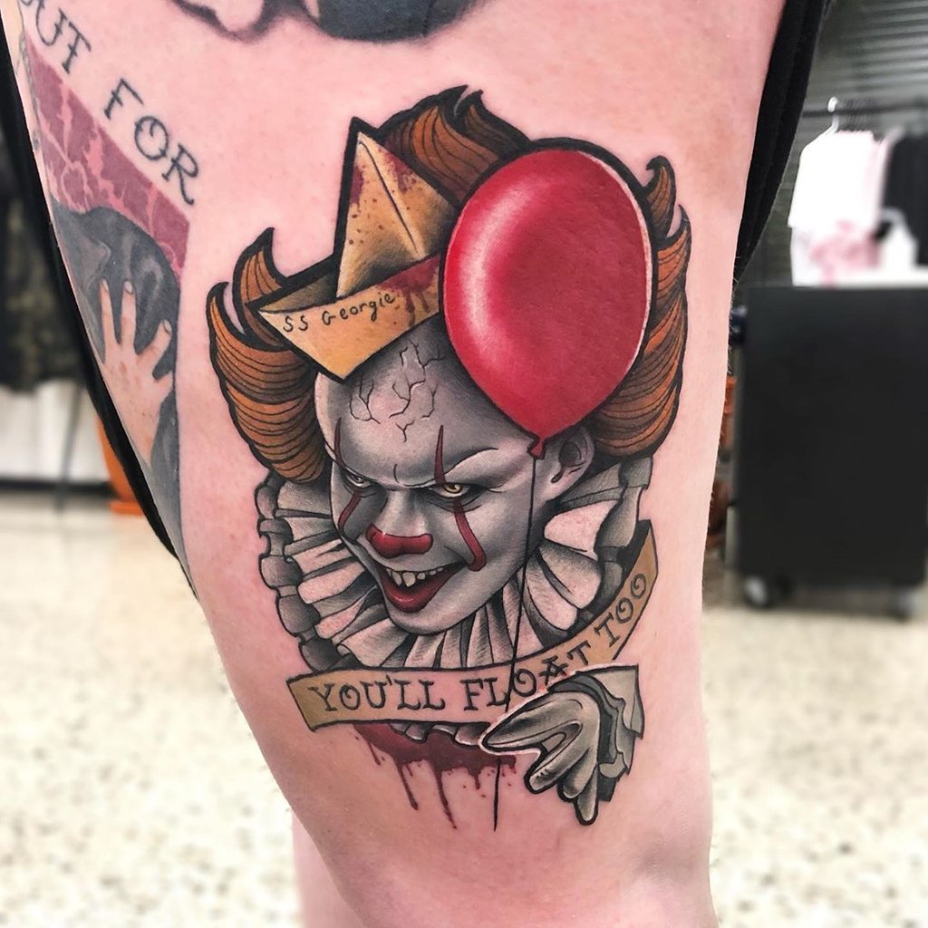 The Dealership Tattoo Studio - “HELLO GEORGIE”🎪🤡 Had so much fun working  on this #IT #pennywise piece today 🤘 Client sat like a rock Another short  sitting needed to finish the balloon