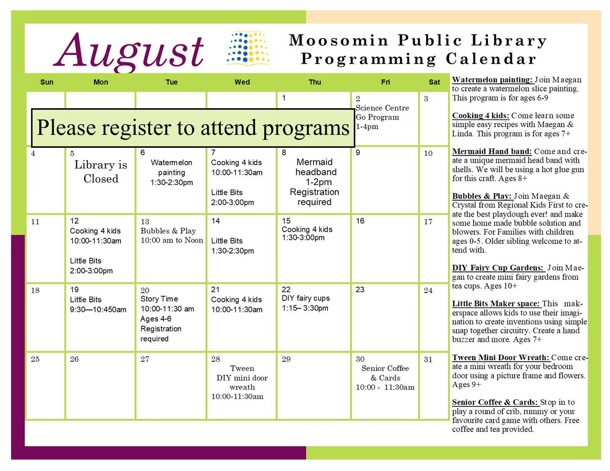 MoosominLibrary's tweet image. So much is happening this month at the Library! We can hardly believe that summer holidays are half way gone. #summerprogramming #notthelibraryyouremember