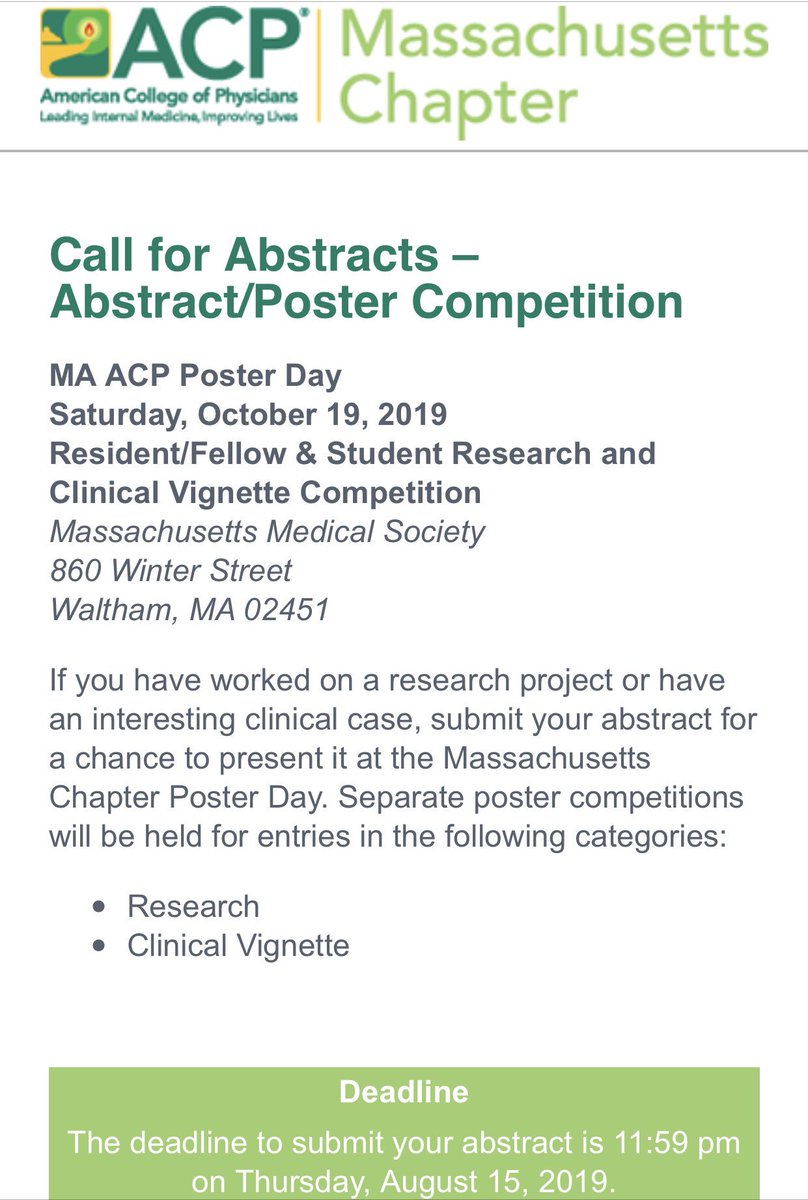 DrElisaChoi's tweet photo. Calling all @ACPMAChapter #MedicalStudents, #Residents, #Fellows! Submit for #ACPMAPosterDay (10/19/2019) by AUGUST 15, 2019, 11:59PM. NO LATE ENTRIES! Submit here: https://t.co/LCGdfN5weg. Questions: dbrennan@mms.org. #ACPMA19 #IMProud Winners attend @ACPinternists #IM2020! https://t.co/kFOizJCZ3S