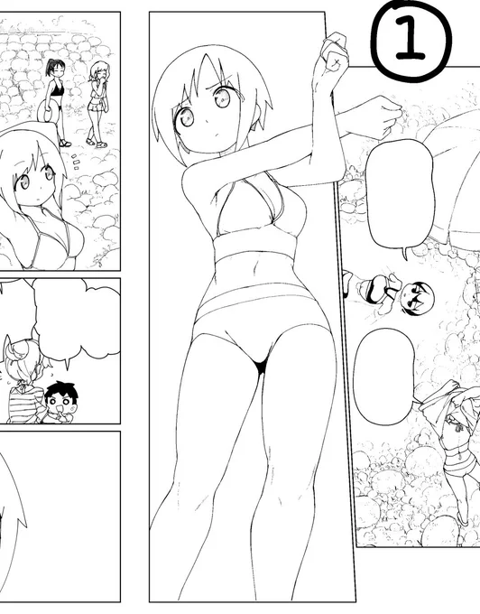 23話の 佐藤ちゃんが水着になるコマ はどう描くかけっこう迷ってて、最終的に「 前後のコマと構図が被る 」 「 あまりあざとくしたくない 」 「 太腿 」という理由で①にしました。 続く 