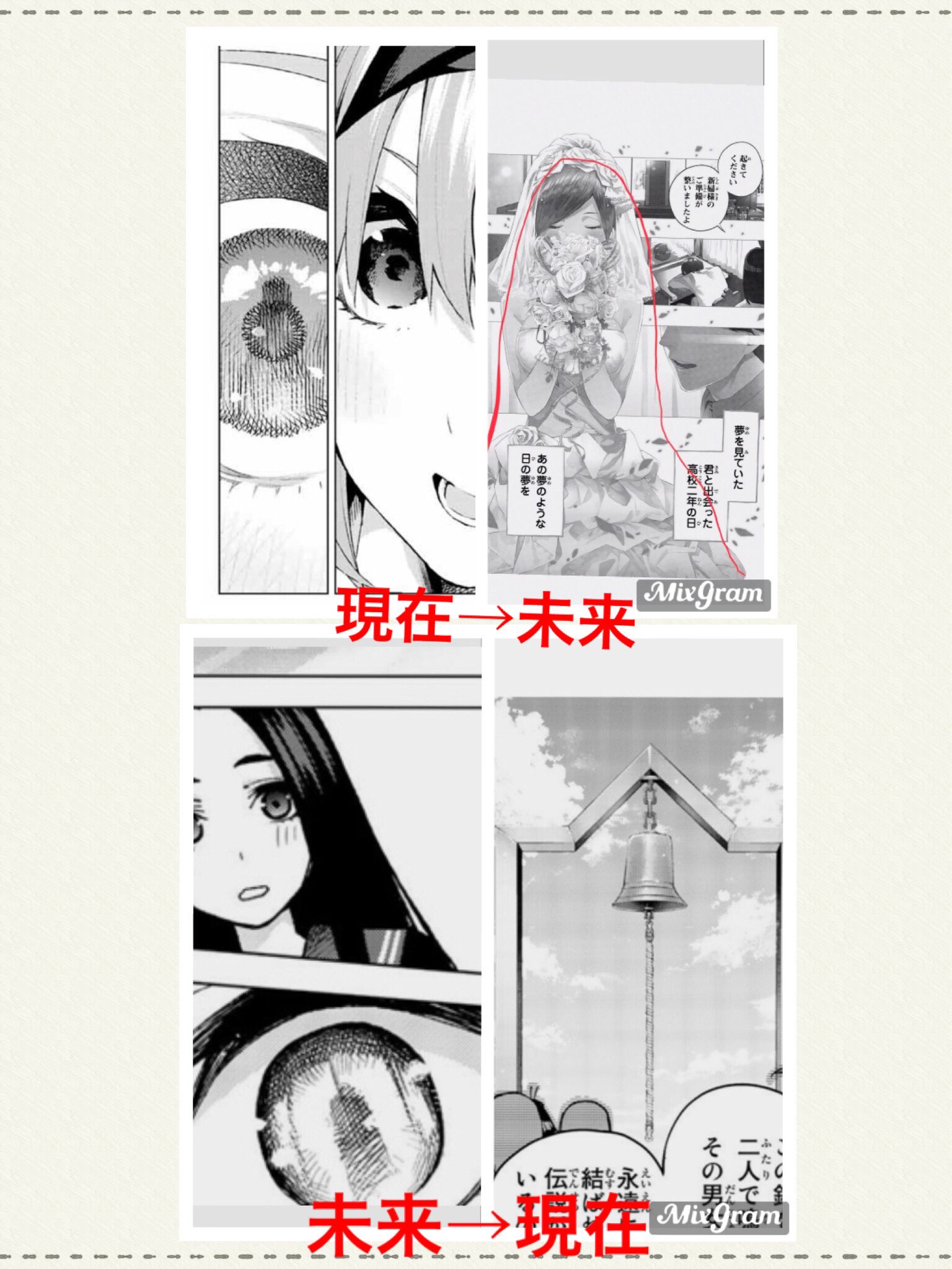 Twitter 上的 五等分の花嫁 考察垢 現在の四葉の瞳には未来の花嫁が 未来のらいはの瞳には現在の鐘が というように それぞれ現在 未来を表している 五等分の花嫁 T Co Xla6xto0hs Twitter