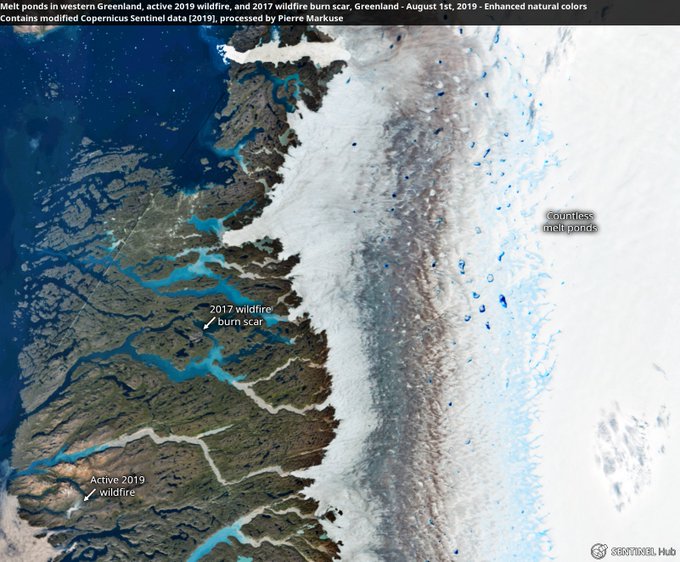 Melt ponds🌊 in western Greenland, active 2019 wildfire🔥, and 2017 wildfire burn scar, #Greenland🇬🇱 1 August 2019. Copernicus/Pierre Markuse