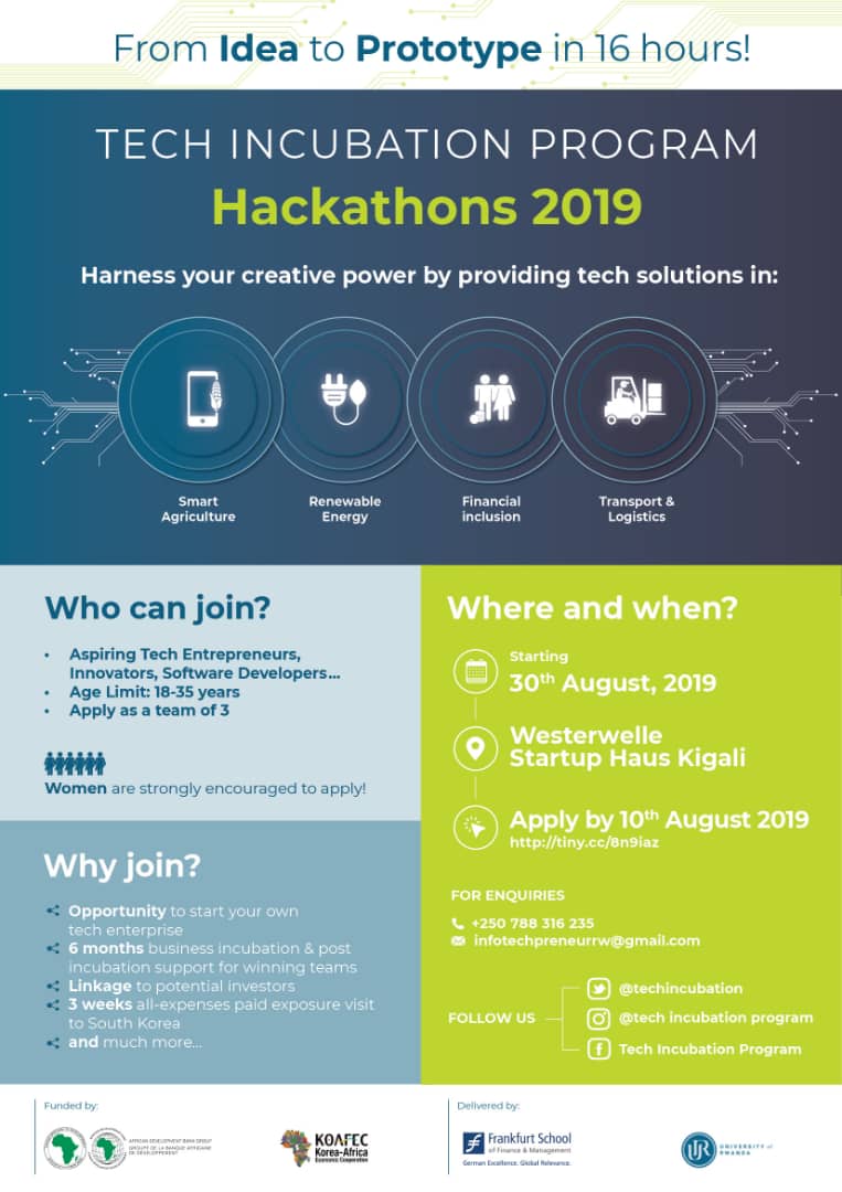 techincubation's tweet photo. The countdown begins for the hackathons organised under the @AfDB_Group Tech Incubation Program to be held at @WSH_Kigali. Apply by 10th August for this exciting opportunity. The application link is https://t.co/k0asydfvAz.
#KOAFEC  #ContextualTechnology #TechNews #Rwanda #RwOT https://t.co/fVIeWyxeqA