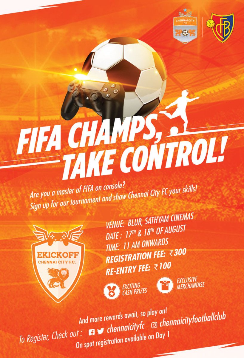 ChennaiCityFC's tweet photo. We're taking the game to the virtual plane! Come and participate in our #EKickoff FIFA tournament, to win exclusive cash prizes and merchandise from the #CCFC prize pool! Nambi vaanga, Sandhoshama Ponga!
Register here: https://t.co/tMsbGyJmcb https://t.co/FUWO0ujlWD