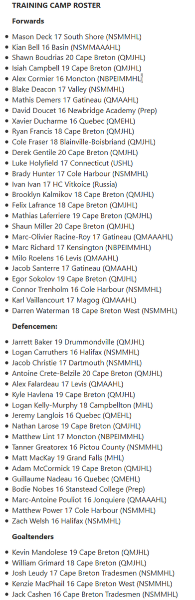 CBPost_Jeremy's tweet photo. Here is the Cape Breton Screaming Eagles training camp roster as of Aug. 1. #CapeBreton #ScreamingEagles #qmjhl #lhjmq https://t.co/pbMxkfi8IG
