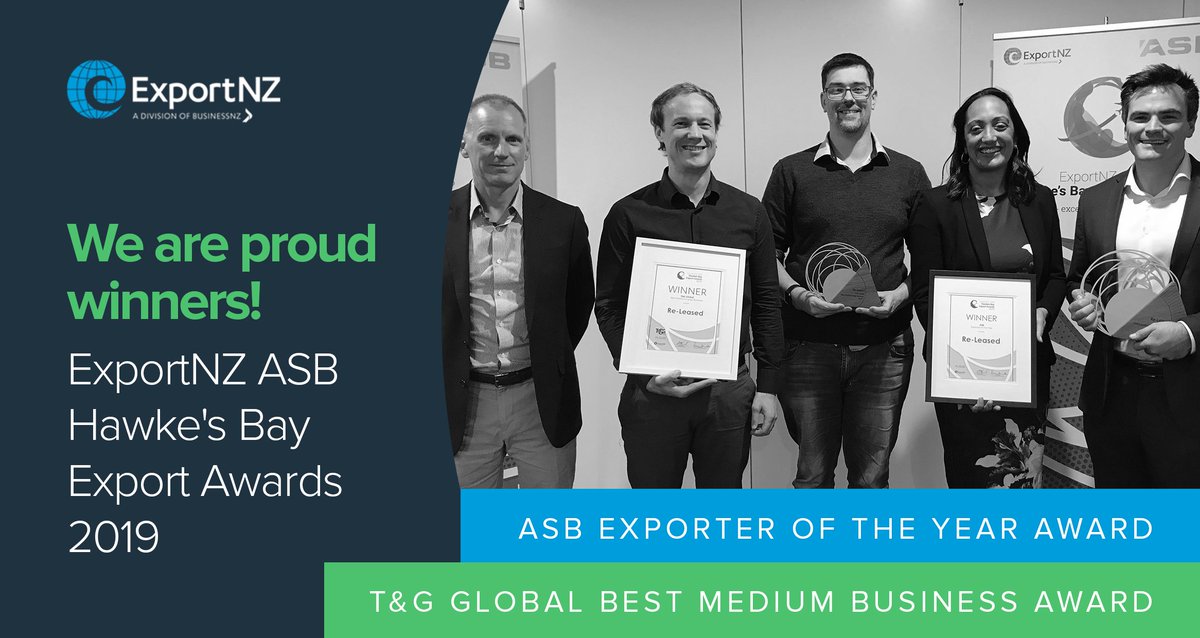 re_leased's tweet photo. We did it! The team was very proud to accept two awards at the 2019 #ExportNZ ASB Hawke's Bay Export Awards:
π Overall ASB Bank Exporter of the Year
π The T&G Global Best Medium Business Award
Thank you to the judges, ExportNZ & everyone who has supported us! #teamwork https://t.co/2fwdBiGV9X