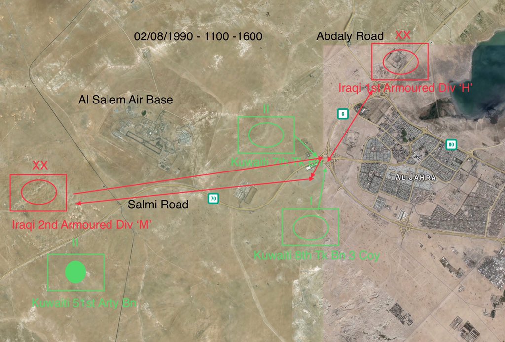 At around 11:00, another column of tanks flying green flags was observed by 51st Artillery - setup opposite Ali al Salem airbase - moving in from the west along the Salmi Road. Assuming they were Saudi, Cpt Dawud Khasan wandered over alone to question their movements, they were