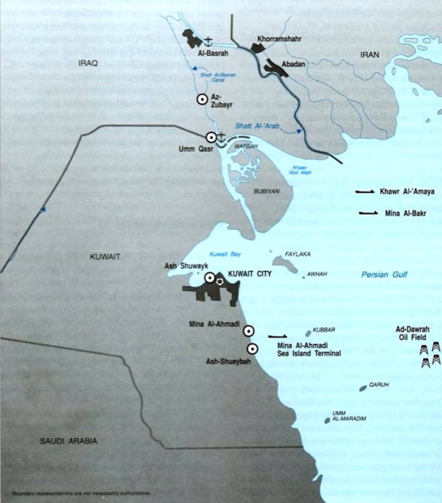 SEAAt 04:00 the 440th Iraqi Naval Bde departed from al-Bakr. The force consisted of 2 Soviet Osa missile boats & 160 embarked Iraqi marines. Their objectives were to seize Kuwait’s 2 main islands, Failaka & Bubiyan & then onto the Kuwaiti Naval Base at al Qulayah,100km away/51