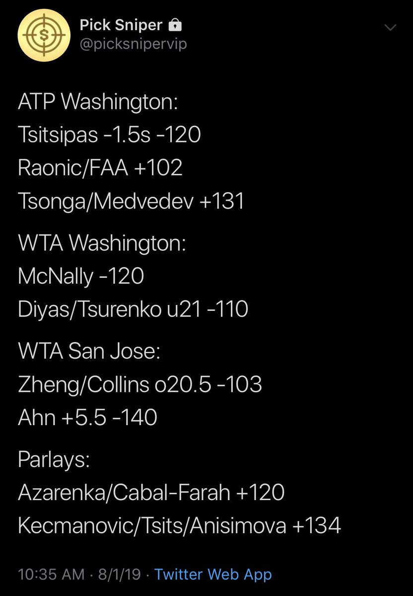 picksniper's tweet image. ✅ Tsitsipas -1.5s -120

Free Plays: 19-12 / +6.17u

VIP finishes: 4-5 / -1u