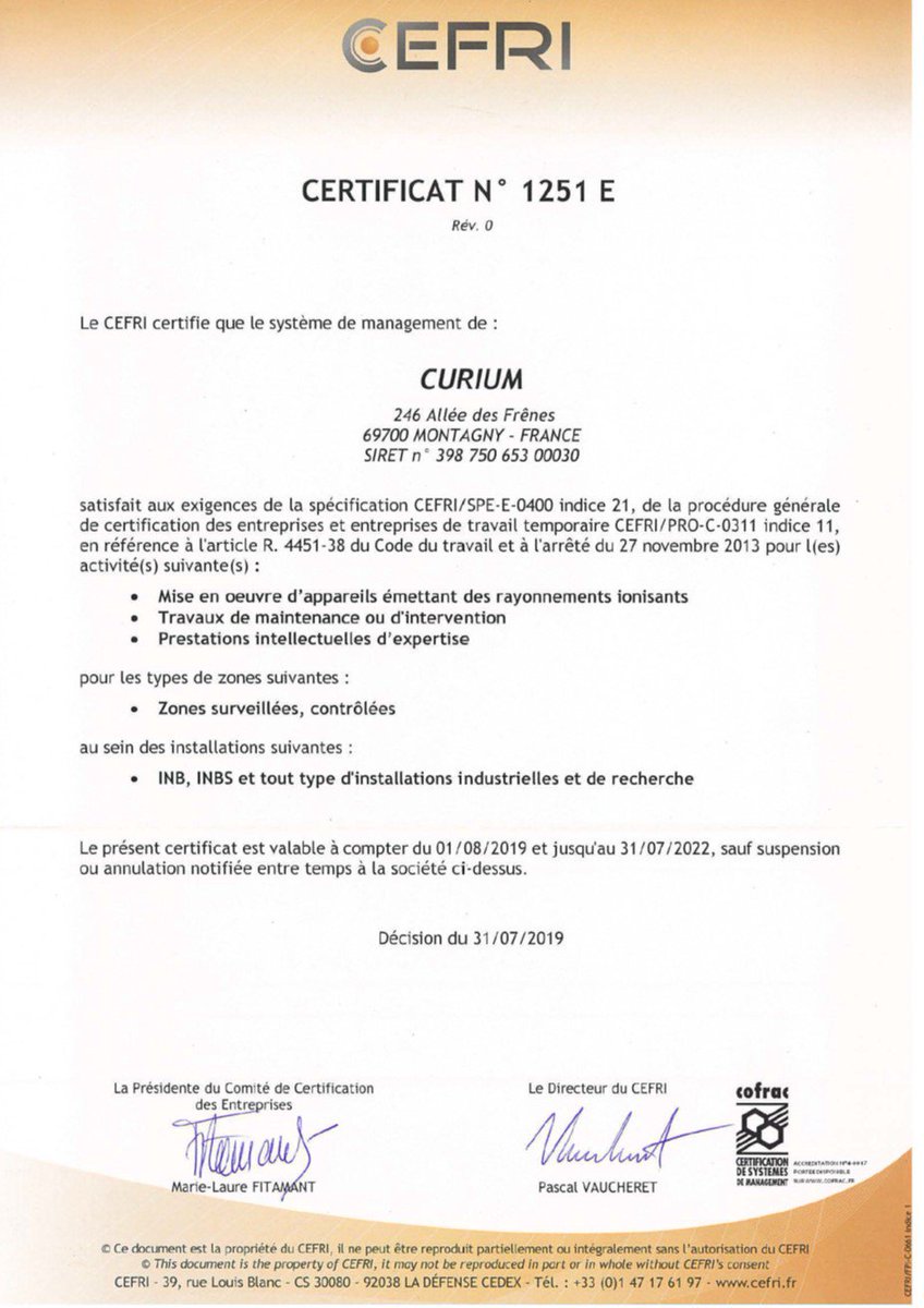 Curium_sas's tweet photo. Certification CEFRI en poche !! #accréditation# #radioprotection# #nucléaire https://t.co/It8gwctj1a