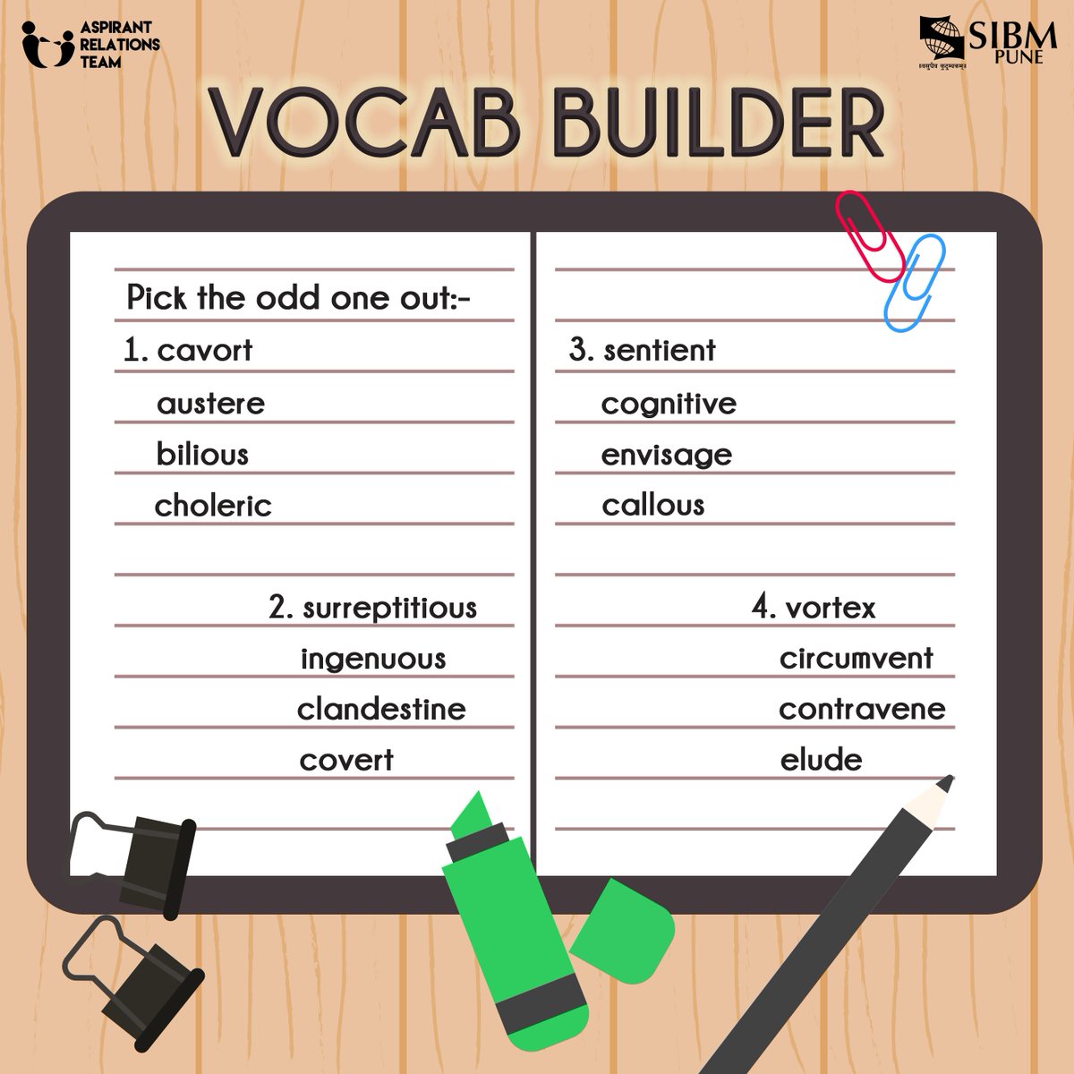 ArtSIBMPune's tweet photo. Hello Aspirants!

Presenting Vocab Builder- a mini-series of questions to help you boost up your vocabulary.

Keep following our posts for many such snippets to improve your preparedness for MBA entrance exams.
#ascend2019 #artsibmpune https://t.co/pYxIdrDB5k