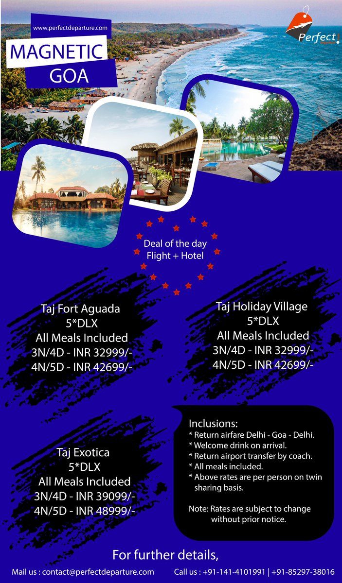 Enjoy the luxurious stay and get mesmerized by the beauty of Goa!
#PerfectDeparture #PerfectDepartureJaipur #Jaipur #PDC #PDCJaipur #Goa #GoaDeal #GoaOffer #GoaPackage #BestPackage #BestDeal #BestOffer #MermerisingGoa #MagneticGoa #BestGoaPackage #BestGoaDeal #BestGoaOffer