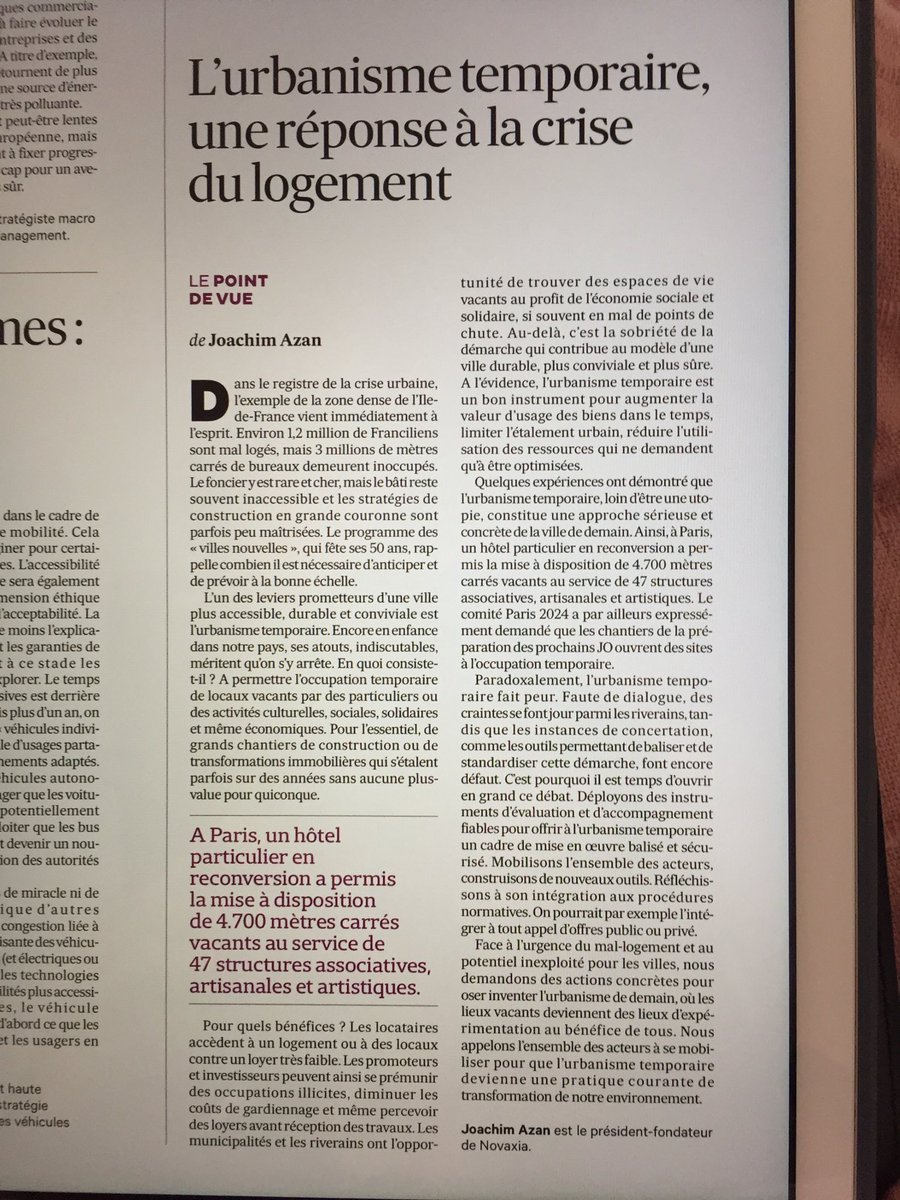 « Nous appelons l’ensemble des acteurs à se mobiliser pour que l’urbanisme temporaire devienne 1 pratique courante de transformation urbaine » <a href="/joachimazan/">joachim azan</a> Pr <a href="/novaxia_paris/">Novaxia</a> <a href="/LesEchos/">Les Echos</a>