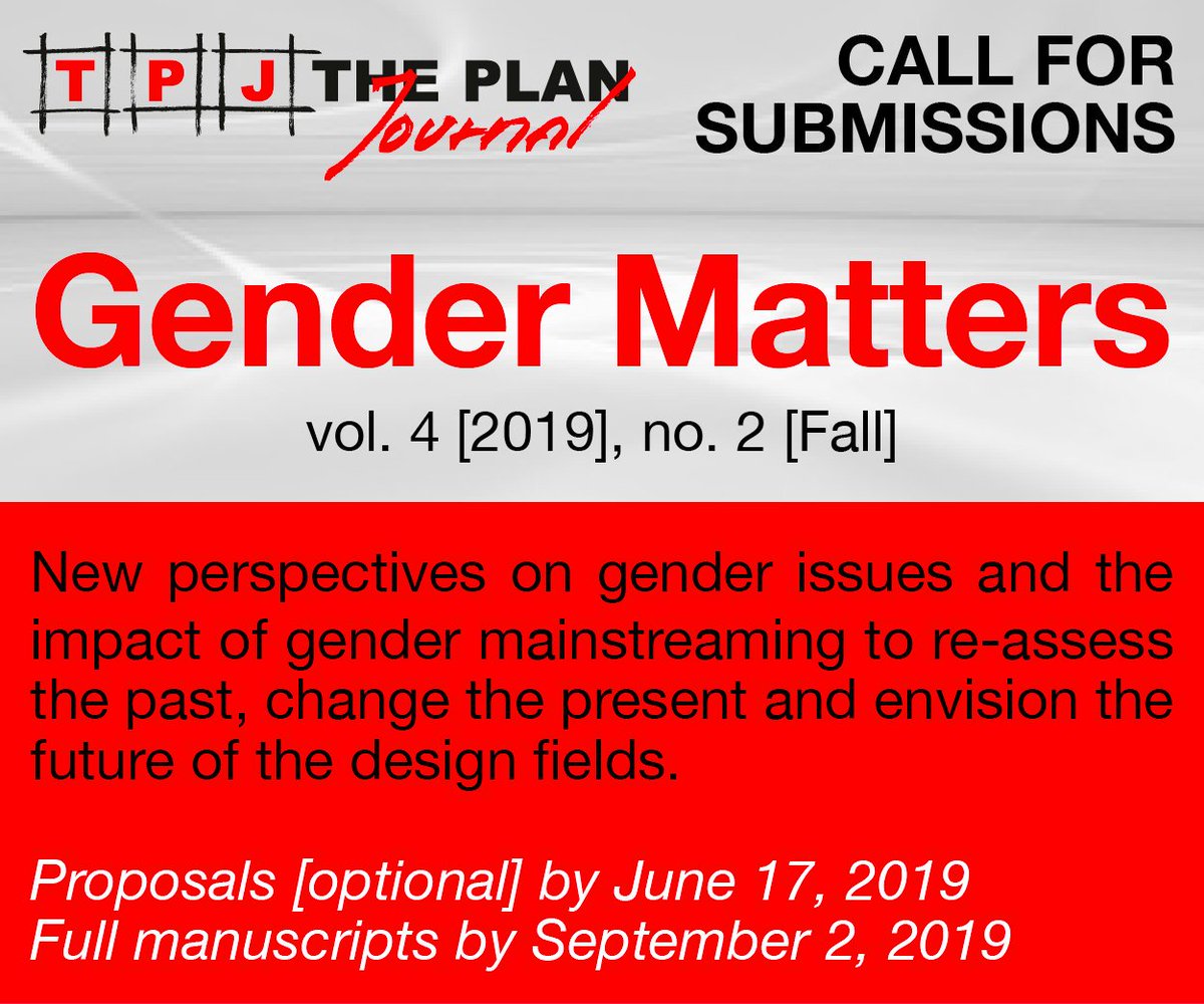 The Sept 2 deadline for #theplanjournal themed issue is only a month away! theplanjournal.com
@RosaSheng @design_equality @FXCollaborative @peezje @alove_aia @TerraInteralia @WXYStudio @MadameArchitect @DaneiCesario @MoMoWomen @theplanmag @Architetti_com @MaurizioSabini