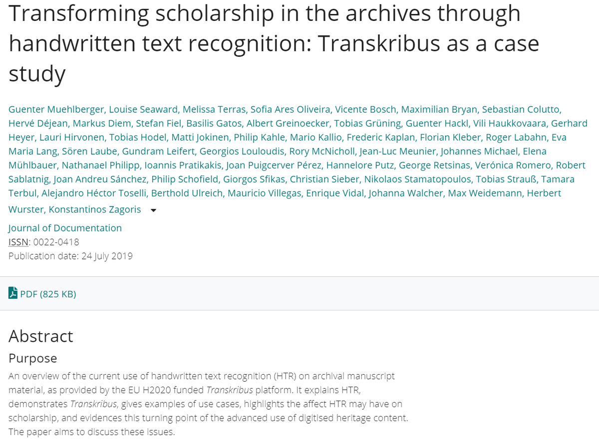 TranscriBentham's tweet image. Out now in the 'Journal of Documentation': Muehlberger, Seaward, Terras et al, 'Transforming scholarship in the archives through handwritten text recognition: @Transkribus as a case study'

emerald.com/insight/conten…
