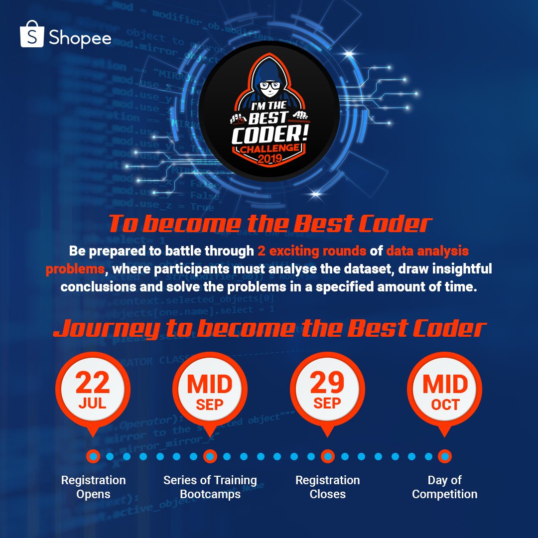 pydatasg's tweet image. PyData Singapore is proudly partnering with @ShopeeSG for:
--- I’m the Best Coder! Challenge 2019 ---
REGISTER HERE:
careers.shopee.sg/bestcoder/
#BestCoder2019
#TechAtShopee