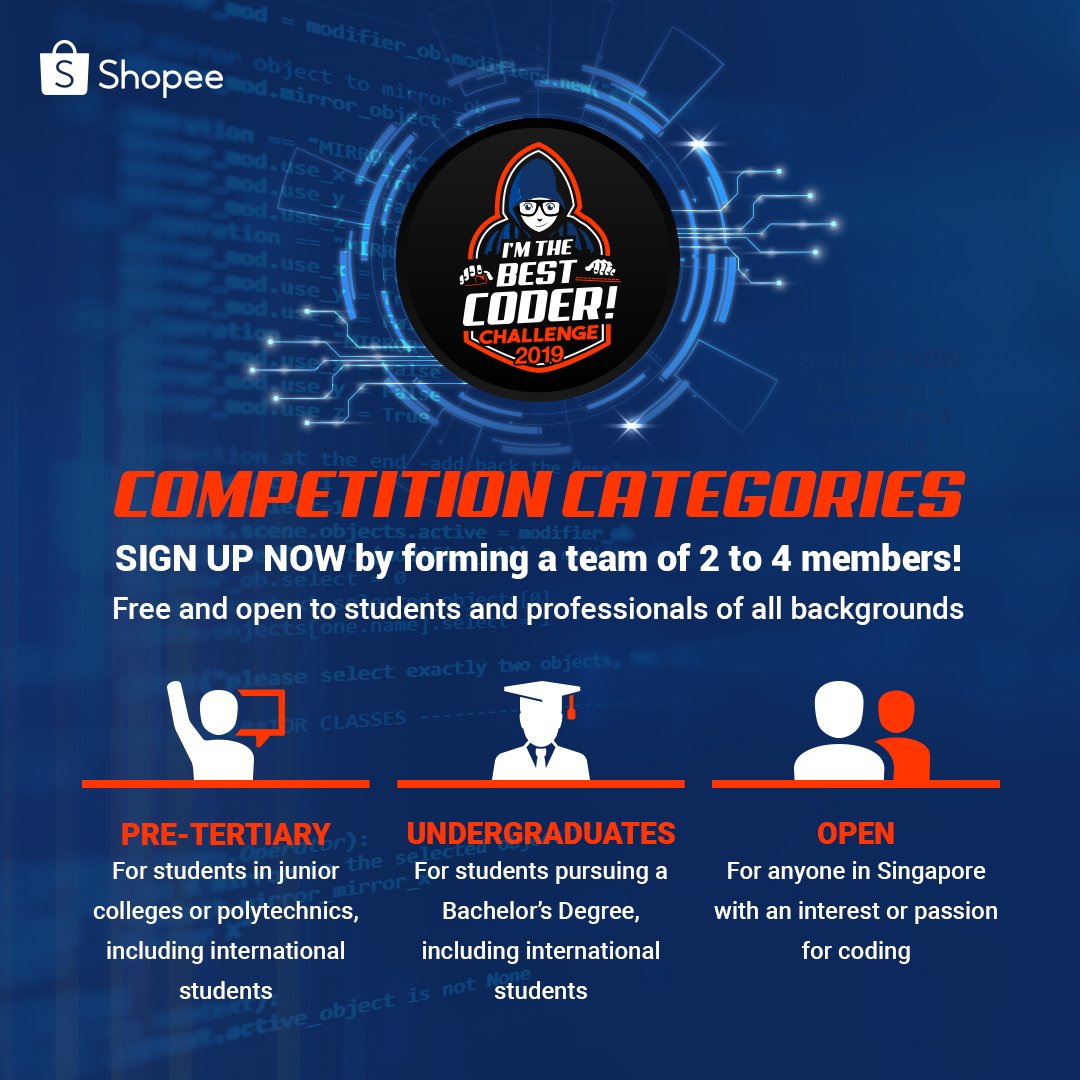 pydatasg's tweet image. PyData Singapore is proudly partnering with @ShopeeSG for:
--- I’m the Best Coder! Challenge 2019 ---
REGISTER HERE:
careers.shopee.sg/bestcoder/
#BestCoder2019
#TechAtShopee