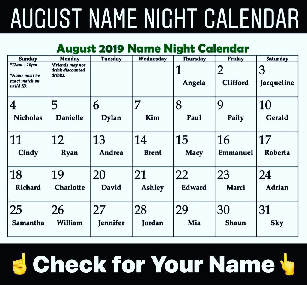 WinstonsDTC's tweet photo. Your Name Means
#Drinks & #Drafts
@WinstonsDTC
$.25 #WellDrinks🥃
10oz #Domestics🍺
When your name appears on
our #NameNight calendar
*Name must be an exact match
w/your 21+ valid ID/Passport
*Only named party eligible
*Good only on the date name is listed from 11AM-10PM https://t.co/UohLjUmdxg
