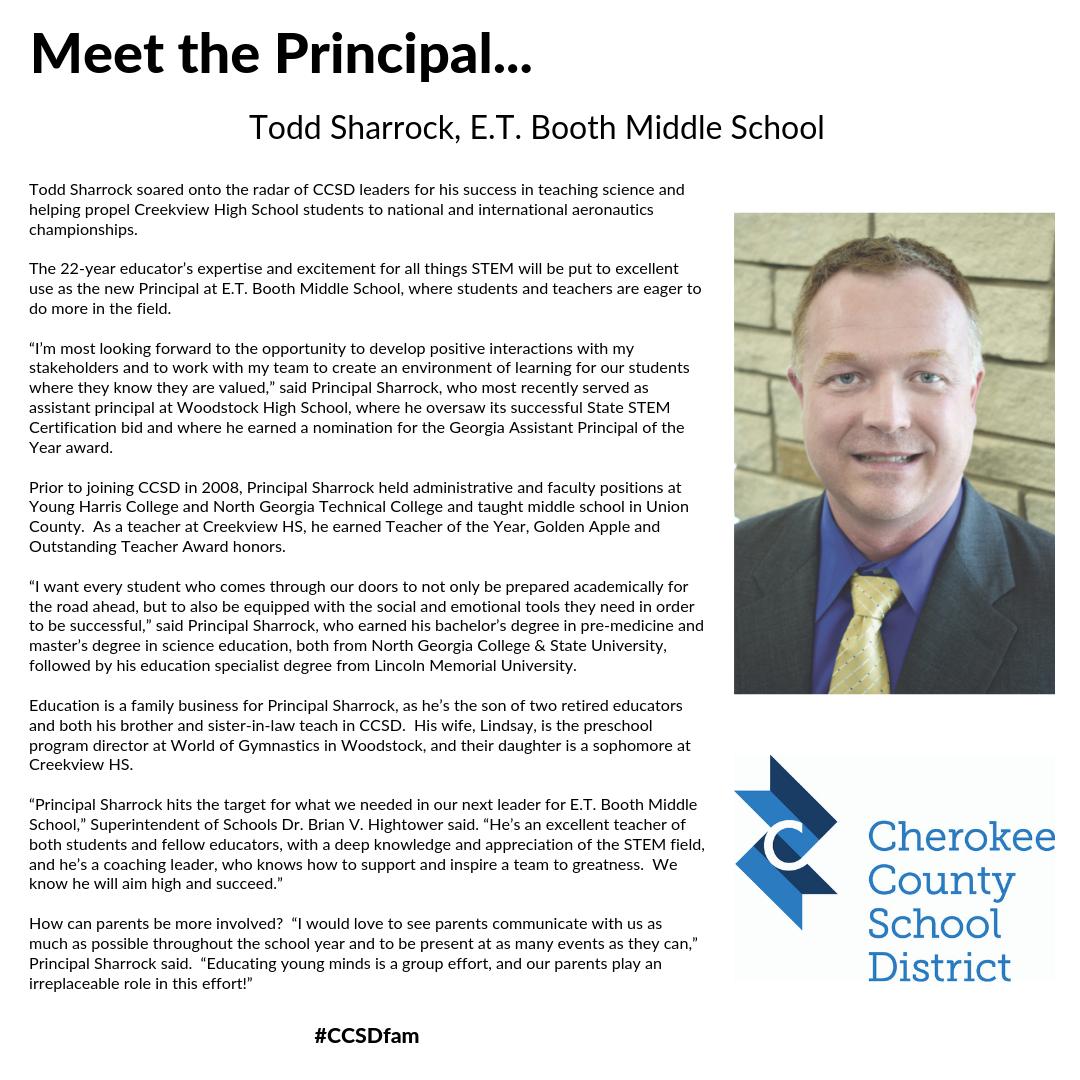 CherokeeSchools's tweet photo. Our Principals are dedicated leaders, and we’ll be introducing you over the coming days to Principals who are new to the role or who are serving at new schools this year. Please help us celebrate Todd Sharrock, who this school year will begin leading E.T. Booth MS! #CCSDfam https://t.co/5MXpDOUyj8