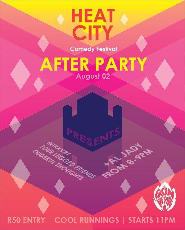 You're in for a massive night tonight at <a href="/CoolRunningsDBN/">Cool Runnings Durban</a>. 

<a href="/bobnessmonster/">colin hart</a> hosts, <a href="/dillanoliphant/">Dillan Oliphant</a> headlines with <a href="/kwandaldhino/">KWANDA RADEBE</a>, <a href="/Lindyyay/">lindy</a>, <a href="/KatePinchuck/">Kate Pinchuck</a>, and more. The From The Soul team are hosting this sick after party. 

Get your tickets here: bit.ly/heatcitycomedy…