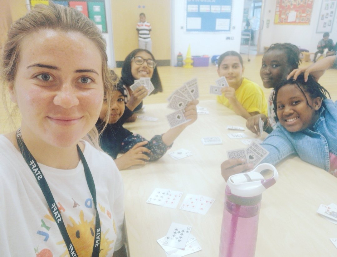 AdamsdownF's tweet photo. teachers learn too!! This morning's lesson for Miss O'Leary... How to play Go Fish...and what wonderful teachers I have 👩‍🏫🏫♠️♣️♥️♦️🃏 #bonding #freetime @AdamsdownPrm @foodandfunwales https://t.co/zXV1q09Lnr