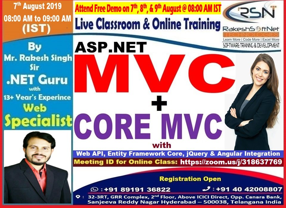 RakeshSinghNet's tweet image. One More Regular Morning Shift Batch Announced to Start:
7th August 2019 @ 08:00 AM to 09:00 AM IST
🥇MVC + Core MVC Classroom &amp;amp; Online Training
Online Meeting ID: zoom.us/j/318637769
#MVC + #CoreMVC Course Contents: bit.ly/2UE7AVh