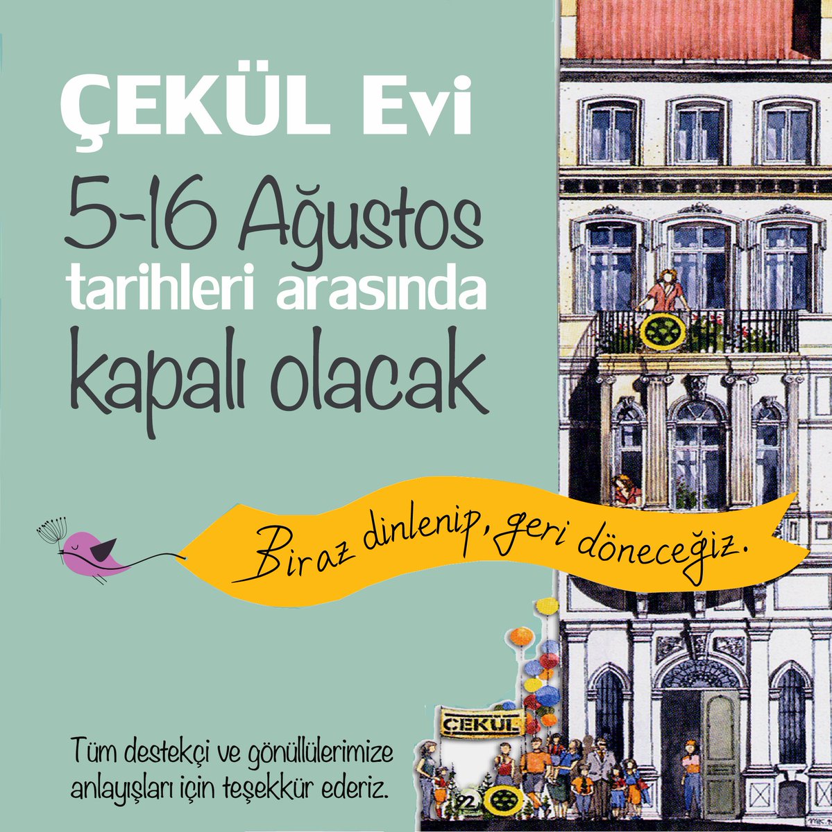 cekulvakfi's tweet photo. ÇEKÜL Evi 5-16 Ağustos tarihleri arasında kapalı olacak. Tüm destekçi ve gönüllülerimize anlayışları için teşekkür ederiz.

#CEKULVakfi #BirgiCEKULEvi #CEKULEvi #ÇEKÜL #ÇEKÜLVakfı #BirgiÇEKÜLEvi https://t.co/YNywIv4CIb