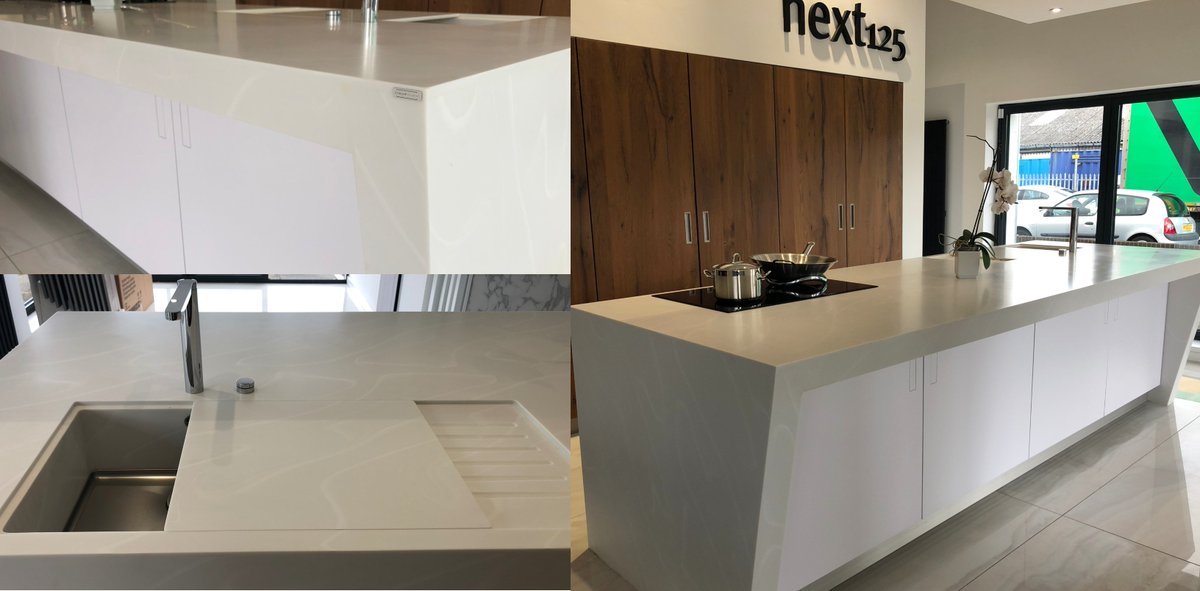 Corian Venaro White® is such an understated colour! Home Design Partner showroom Haus of Design, Stockton-on-Tees have designed a beautiful angled island with chunky profile and sliding drainer cover to get the full effect of this colour #youcanwithcorian