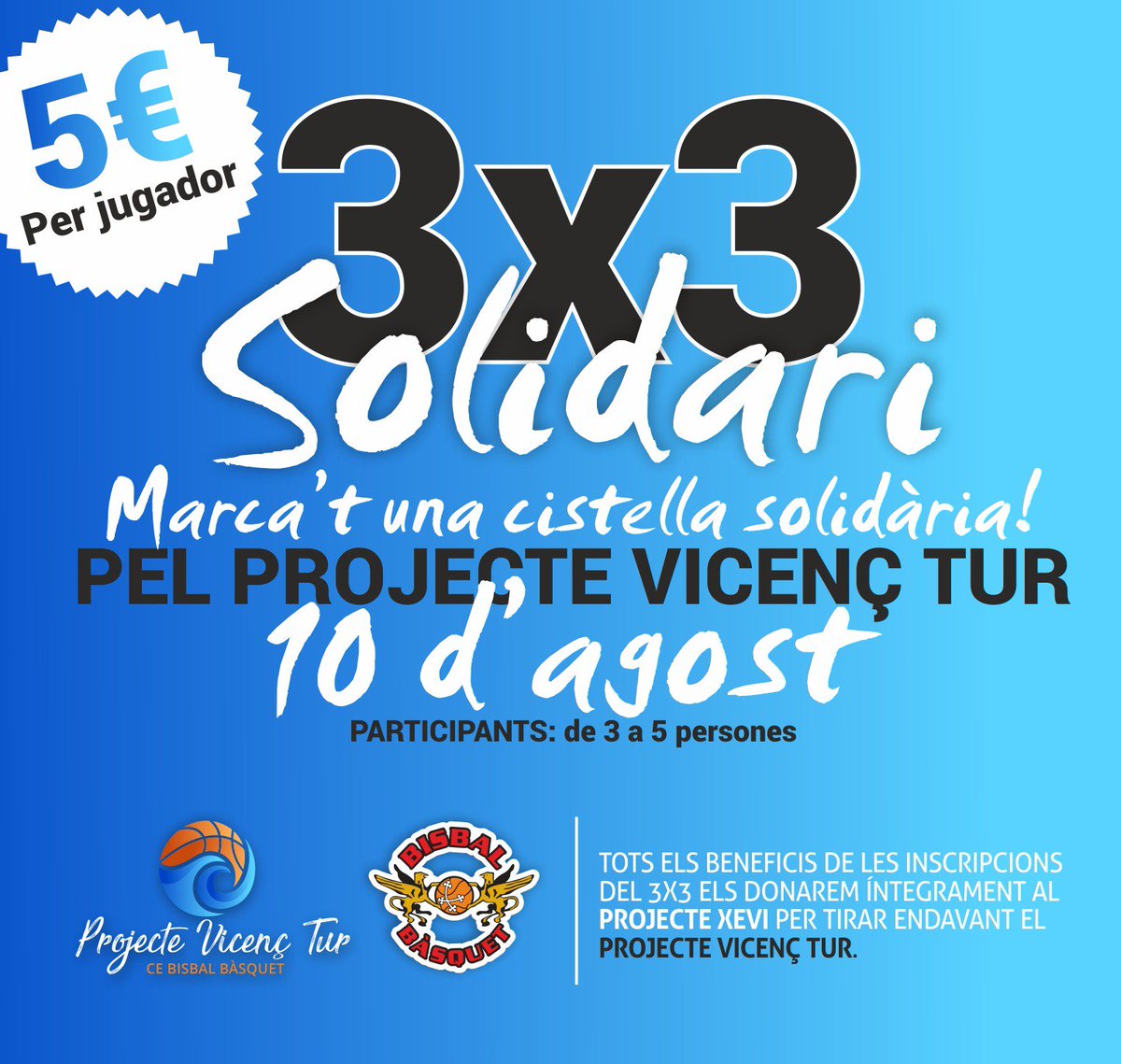 bisbalbasquet's tweet photo. Tens mono de bàsquet???
Doncs vine el DISSABTE, 10 D'AGOST, al #3x3Solidari del @bisbalbasquet per seguir, de la mà de #ProjecteXevi amb el #ProjecteVicensTur de construcció d'una pista de bàsquet al Senegal.
5€ per jugador
inscripcions 👇👇👇👇👇
https://t.co/gd2BfEbWhW
#3x3 https://t.co/gsBEA16Wsb
