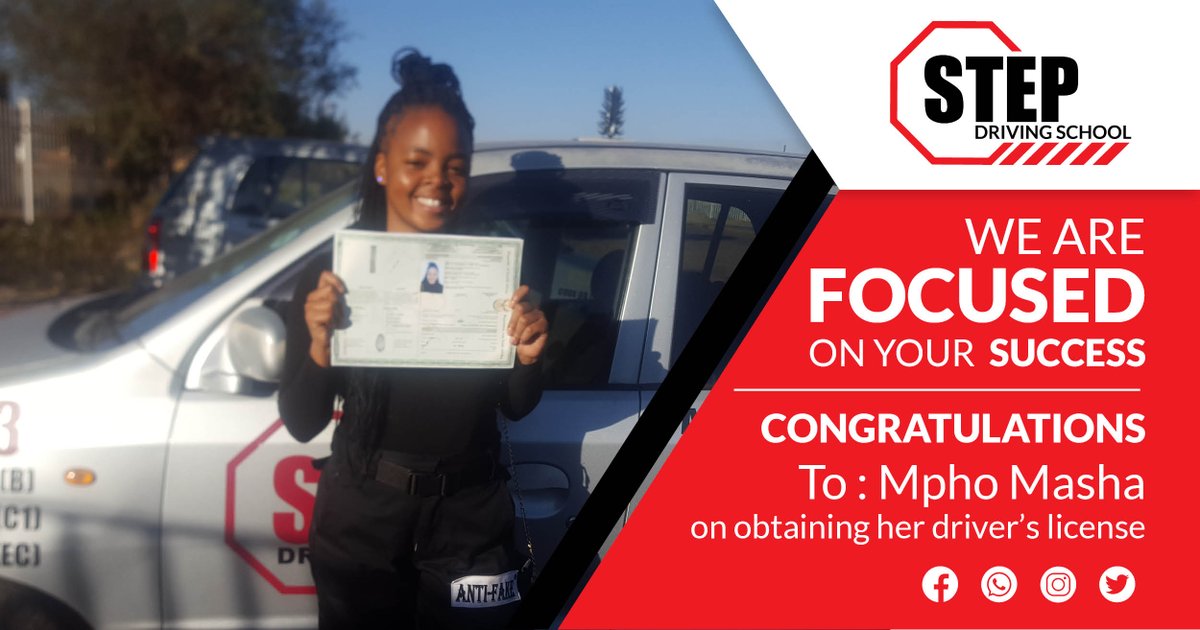 StepDriving's tweet image. Success story: Lets congratulate Mpho Masha
on obtaining her driver’s license.

Be the next in line to obtain your own license with Step Driving School.

stepdrivingschool.co.za
#stepdrivingschool