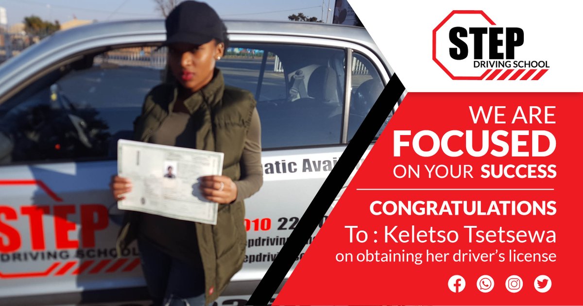 StepDriving's tweet image. Success story: Lets congratulate Keletso Tsetsewa
on obtaining her driver’s license.

Be the next in line to obtain your own license with Step Driving School.

stepdrivingschool.co.za
#stepdrivingschool