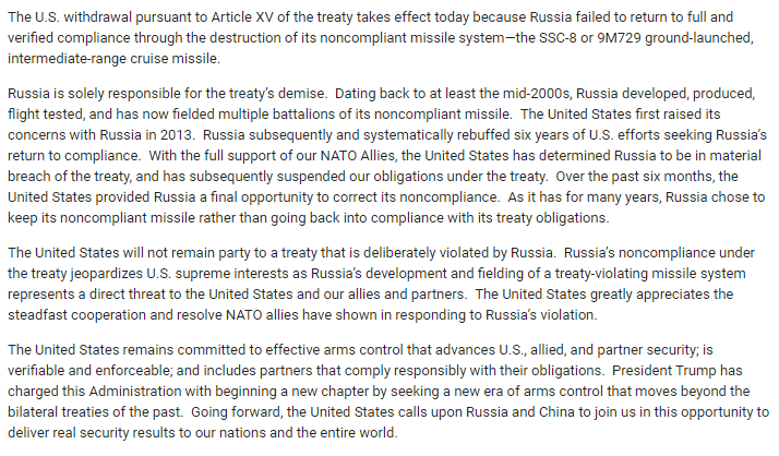 CBCAlerts's tweet photo. The United States has confirmed that it is withdrawing from the INF treaty, effective today. A State Department statement cites Russia's 'continued violation' of the terms of the nuclear arms control agreement: https://t.co/SlCi7Kzaw0