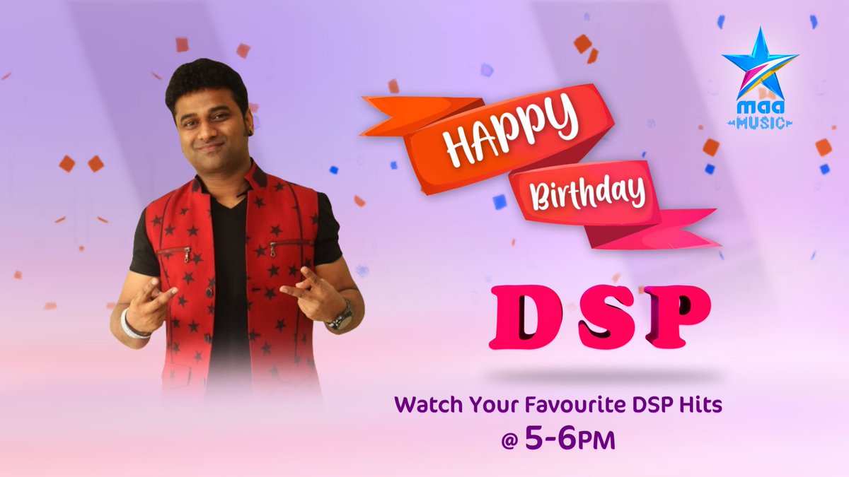 Watch the cool superhit songs of Rockstar @ThisIsDSP celebrating his birthday today. Tune in to @StarMaaMusic from 5-6 PM. #HappyBirthdayDSP