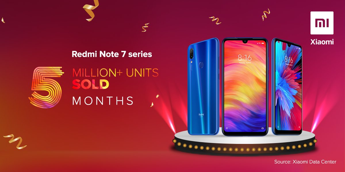 manukumarjain's tweet image. 5 Million (50 Lakh) units of #RedmiNote7 series sold in 5 months! 🎉

This means:
📸 1 Million #48MP Camera phones: #RedmiNote7S and #RedmiNote7Pro sold every month 💪
📸 On an average, 23 x Note 7 series&apos; phones sold every minute 👏

RT if you own one! 🔄 

#Xiaomi ❤️ #Redmi