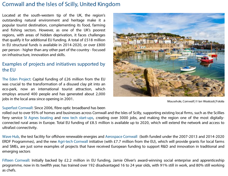 Cornwall and the Isles of Scilly:-£26m from EU to transform disused clay pit into an eco-park, now an international tourist attraction.-The test facility for offshore renewable energies & Aerospace Cornwall (funded by the EU)+new Agri-tech Cornwall initiative (£7.7m from EU)