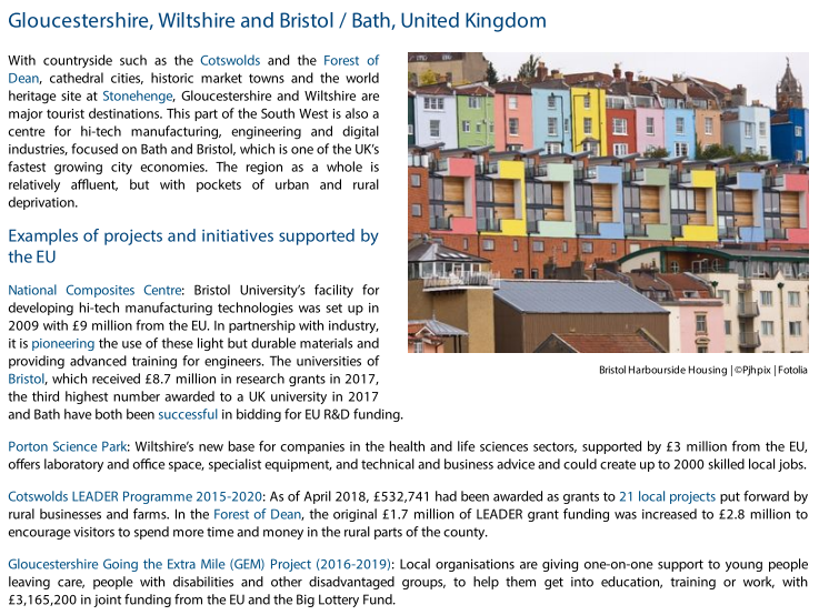 Gloucestershire, Wiltshire and Bristol / Bath:-£9m for Bristol University’s facility for developing hi-tech manufacturing technologies.-£3,165,200 in joint funding from the EU and the Big Lottery Fund to people with disabilities to help them get into education training or work