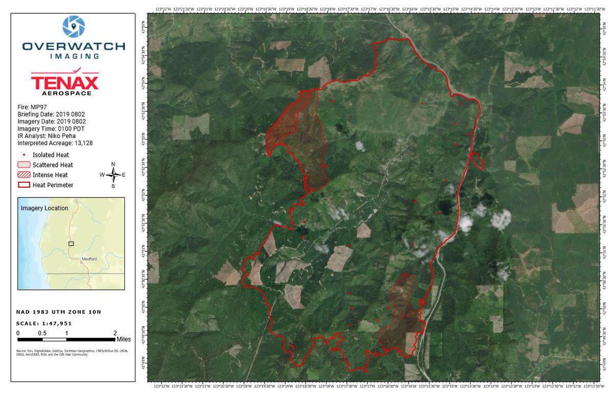 AShipWX's tweet image. Here is the latest perimeter of #MP97Fire from last night IR flight. The fire is currently 13,128 acres and 35% contained. #KEZIwx #ORwx