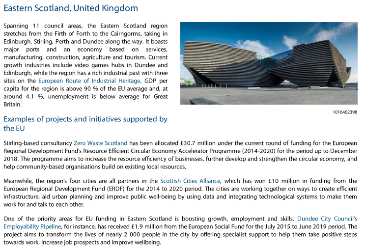 Eastern Scotland:-£30.7m to increase the resource efficiency of businesses, further develop and strengthen the circular economy.-£10m to create efficient infrastructure, aid urban planning and improve public well-being by using data and integrating technological systems