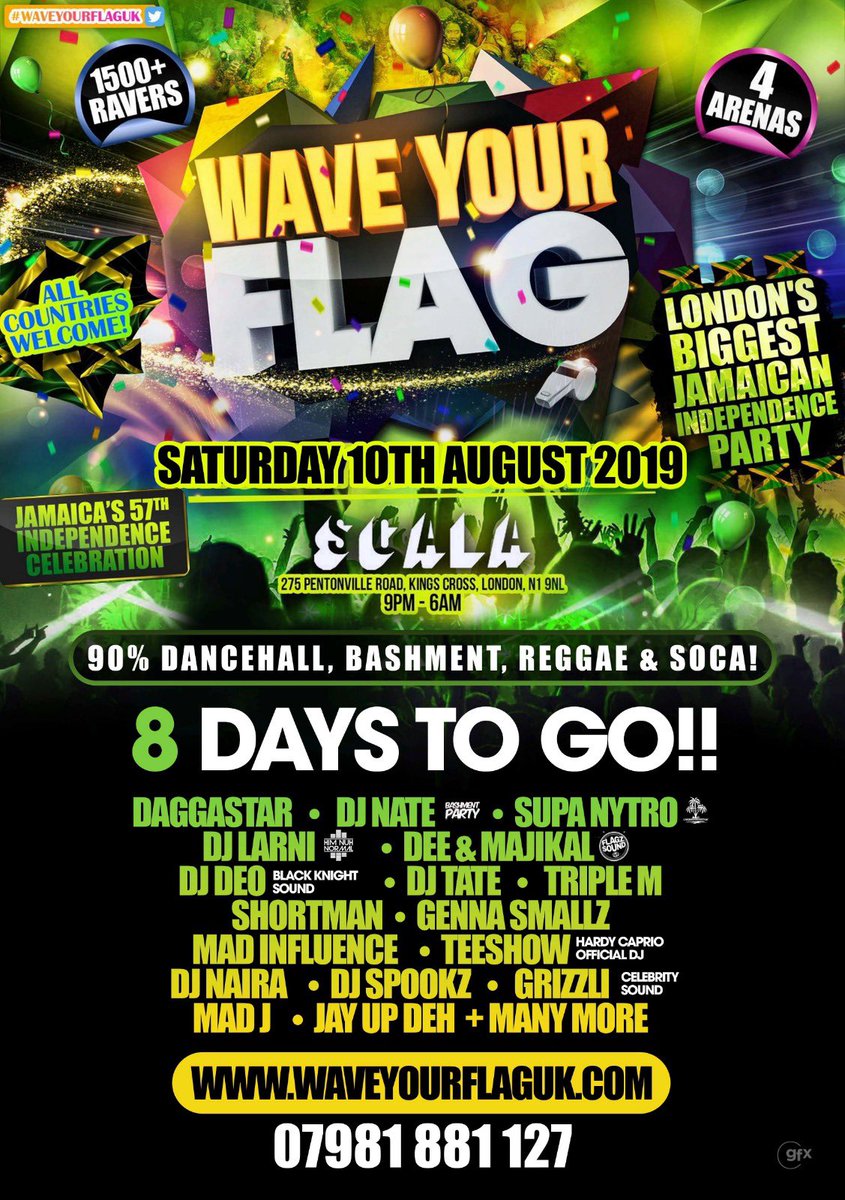 PartyHardUK_'s tweet photo. #WaveYourFlagUK
8 DAYS TO GO! 📆
1000+ TICKETS SOLD! 🎫
£12.50 STANDARD TICKETS - SOLD OUT! ❌
£15 STANDARD TICKETS - OUT NOW! ✅
THIS WILL BE THE UK’s BIGGEST JAMAICAN INDEPENDENCE PARTY 🥳🇯🇲
https://t.co/ubyWv4a1n4 https://t.co/muvT803TFR