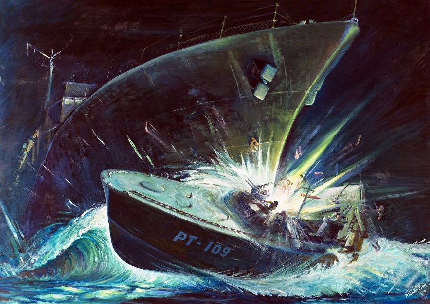MilHistNow's tweet image. On this day in 1943, a Japanese destroyer slams into PT Boat 109. The American vessel's 26-yr-old skipper, John F Kennedy, keeps the surviving crewmen alive following the ramming. The tale of heroism will later propel the young officer into politics. See: militaryhistorynow.com/2015/10/14/jfk…