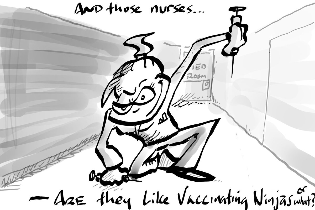 drmaypole's tweet photo. And indeed: then there are those #nurses. To 6 year old #GrumpyKira they are at once smiling and kind....but what are they up to? #primarycare #pediatrics #story #graphicmedicine #kidPOV https://t.co/l06SuEvImK