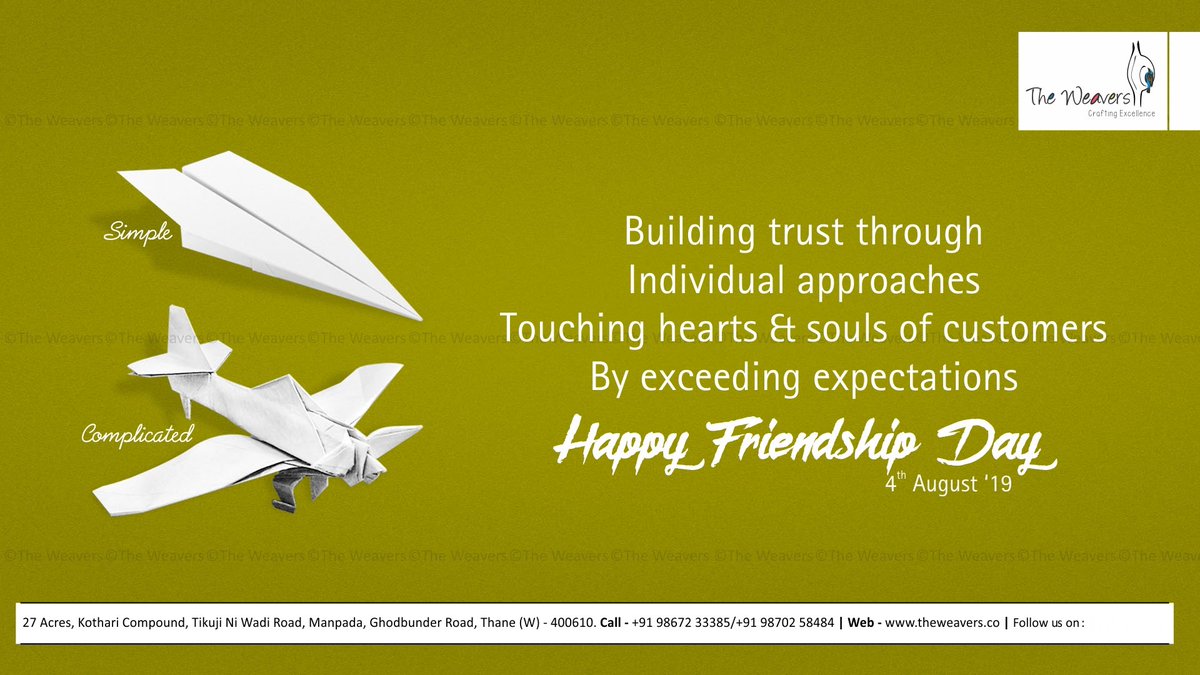 TheWeaversThane's tweet photo. Make this friendship day memorable and more interesting and fly high together with touching hearts & souls of customers by exceeding expectations.
@TheWeavers01 360o #surfacesolution wishing everyone #HappyFriendshipDay2019 ๐ซ๐๐ญ๐๐ฌ https://t.co/VfhRpYFHNp