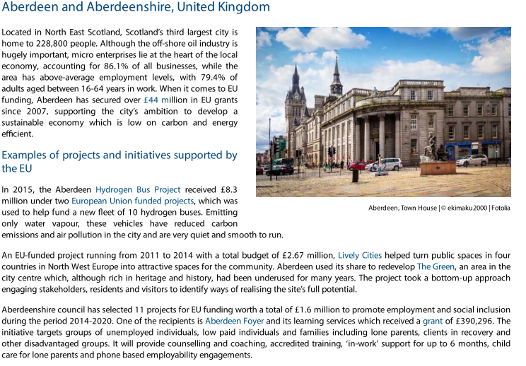 Aberdeen and Aberdeenshire:-Aberdeen Hydrogen Bus Project received £8.3m of EU funds to help fund a new fleet of 10 hydrogen buses. -£1.6m to promote employment and social inclusion.