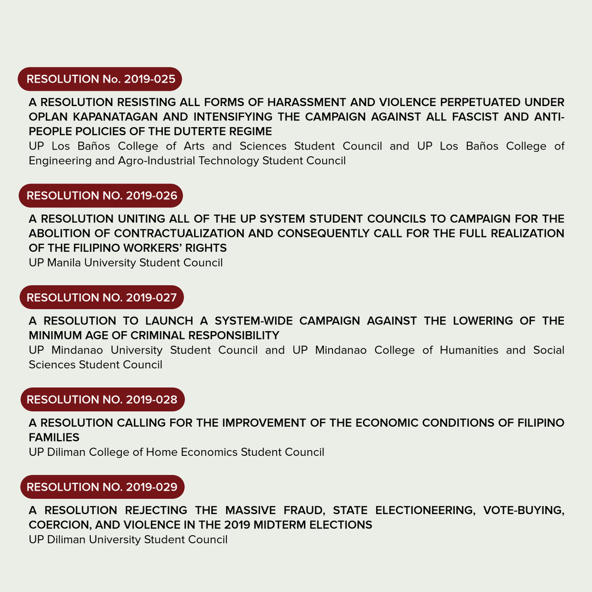 uposr's tweet photo. The 48th GASC passed and approved a total of 20 resolutions, all via consensus. Resolutions adopted by the body include those tackling glaring issues inside the university across campuses as well as policies and wars under the tyrannical rule of President Duterte. https://t.co/RhPrvHqebh