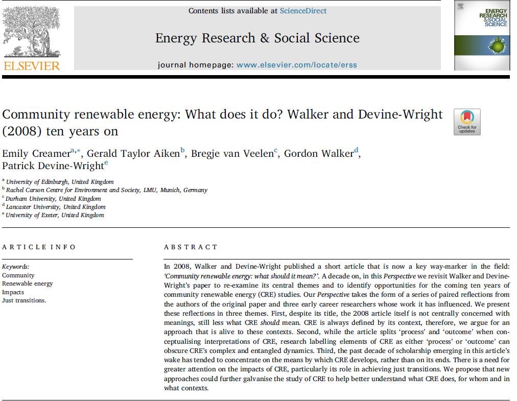 It's a decade since Walker &amp; Devine-Wright’s paper with THAT community energy process-outcome graph was published. In this dialogic piece <a href="/gtalux/">Gerald Taylor Aiken</a> <a href="/bvanveelen/">Bregje van Veelen</a> and I reflect on its influence over the 10 yrs, with responses from @profgpw and <a href="/PDevinewright/">Patrick Devine-Wright</a>
authors.elsevier.com/a/1ZUy67tZ6Zn7…