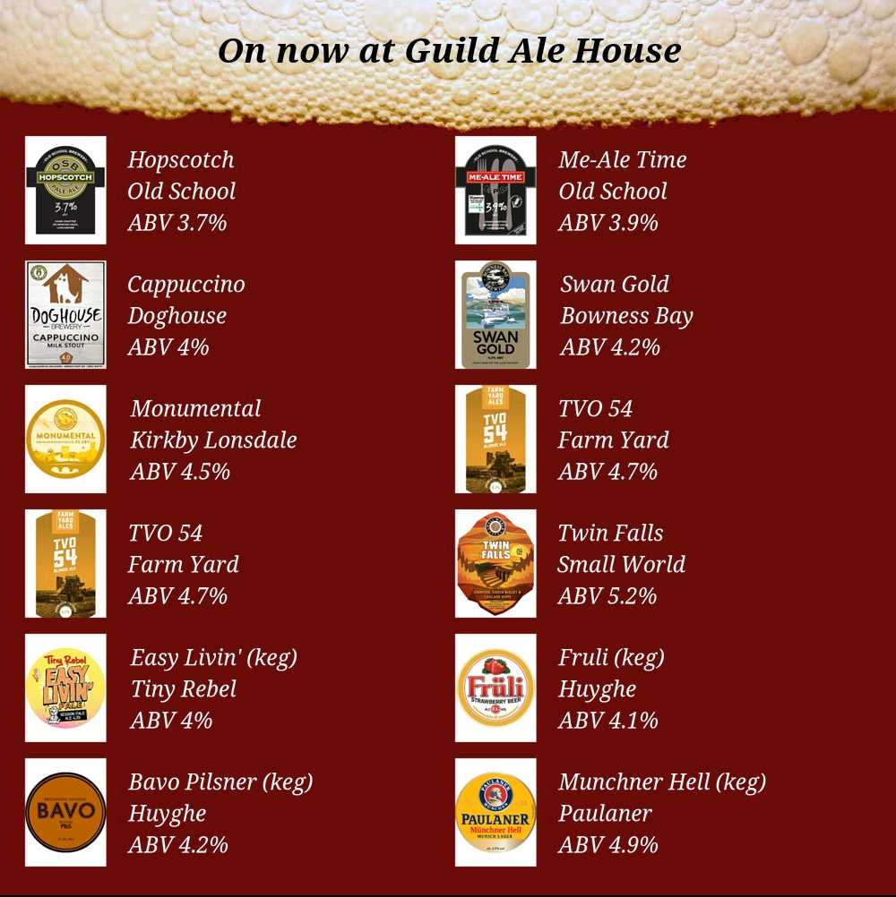 Guild Ale House (@guildalehouse) on Twitter photo On the bar today, it's Friday, it's August 😆🤯 it's beer time!!!
Beer Board: goo.gl/6tJgjL
<a href="/OldSchoolBrewer/">Old School Brewery</a> <a href="/doghousebrewery/">Doghouse Brewery</a> <a href="/BownessBayBrews/">Bowness Bay Brewing</a> <a href="/KLBrewery/">Kirkby Lonsdale Brew</a> @farmyardales <a href="/SmallWorldBeers/">Small World Beers</a> <a href="/tinyrebelbrewco/">Tiny Rebel</a>
#RealAleFinder <a href="/abeerinpreston/">A Beer In Preston</a> #preston #FridayFeeling On the bar today, it's Friday, it's August 😆🤯 it's beer time!!!
Beer Board: goo.gl/6tJgjL
<a href="/OldSchoolBrewer/">Old School Brewery</a> <a href="/doghousebrewery/">Doghouse Brewery</a> <a href="/BownessBayBrews/">Bowness Bay Brewing</a> <a href="/KLBrewery/">Kirkby Lonsdale Brew</a> @farmyardales <a href="/SmallWorldBeers/">Small World Beers</a> <a href="/tinyrebelbrewco/">Tiny Rebel</a>
#RealAleFinder <a href="/abeerinpreston/">A Beer In Preston</a> #preston #FridayFeeling