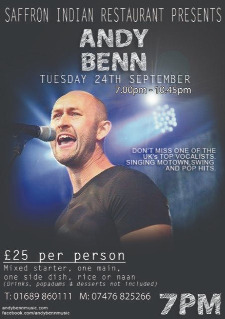 🍲 🎵 Live Music + Cuisine 🎵 🍲 <a href="/SaffronOrpingto/">Saffron (Orpington)</a>  on the 25th September 2019 with <a href="/andybennmusic/">Andy Benn</a> | Book now to avoid disappointment | Tel: +441689860111 #music #entertainment #livemusic