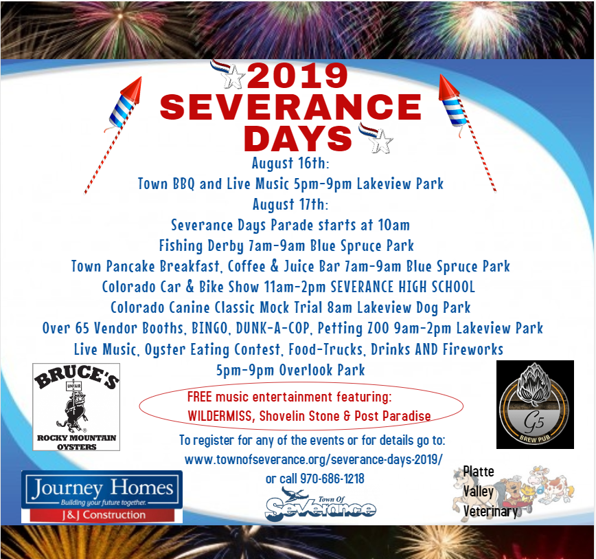 TownofSeverance's tweet photo. *Updated agenda: Aug. 16th &amp; 17th Severance Days 2019! An awesome weekend filled with events for everyone to participate in! Free Concerts by Wildermiss, Post Paradise, and Shovelin Stone.

#severancedays #severance99yearsold #severance #colorado #communityevent #sponsorships https://t.co/Oy9l7ZlBqt